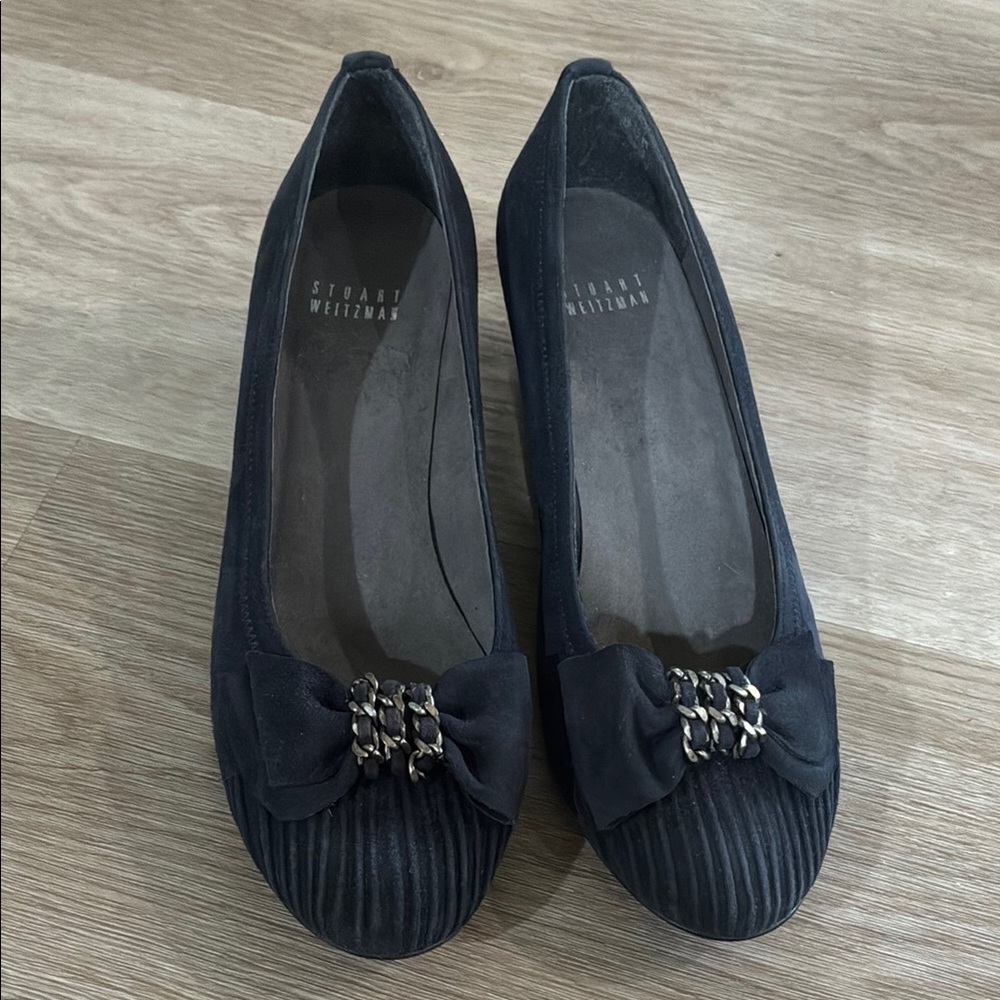 Stuart Weitzman Black Chain Bow Suede Wedges